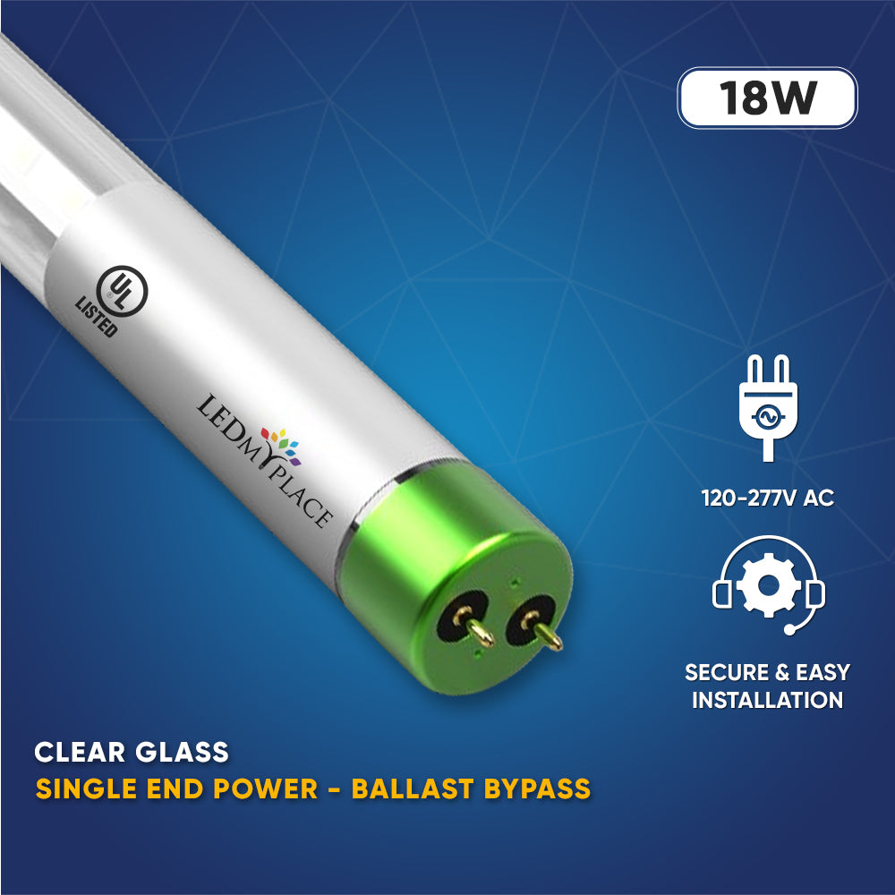 T8 4ft LED Tube/Bulb - Glass 18W 1800 Lumens 6500K Clear, Single End Power - Ballast Bypass