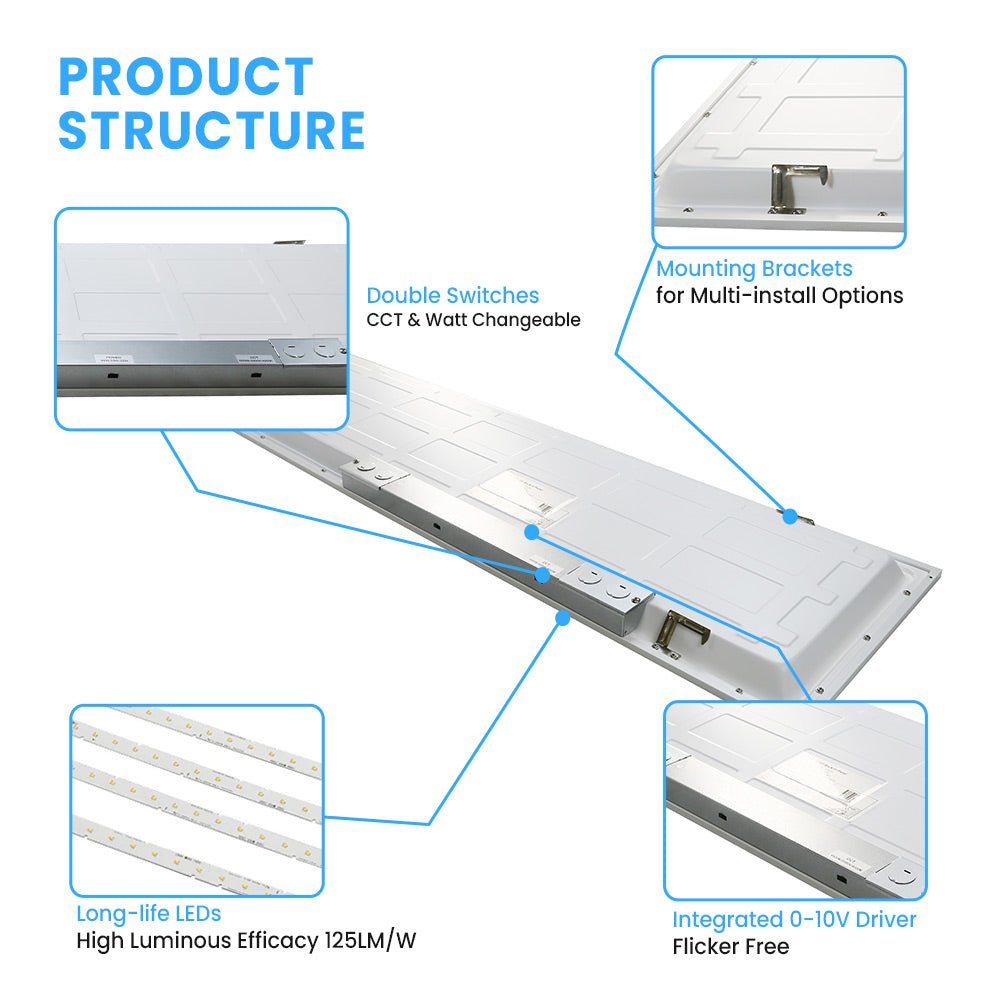 1 - ft x 4 - ft LED Panel Light 20/30/40 Watt Adjustable, 4000K/5000K/6500K CCT Changeable, Dip Switch, 0 - 10V Dim, 120 - 277V, ETL, DLC 5.1, Recessed Back - lit Fixture - LEDMyPlace