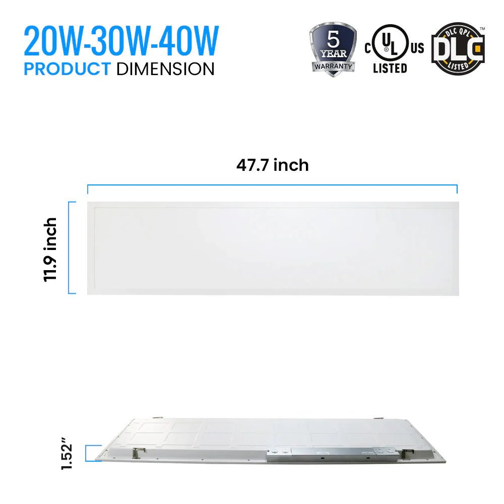 1 - ft x 4 - ft LED Panel Light 20/30/40 Watt Adjustable, 4000K/5000K/6500K CCT Changeable, Dip Switch, 0 - 10V Dim, 120 - 277V, ETL, DLC 5.1, Recessed Back - lit Fixture - LEDMyPlace