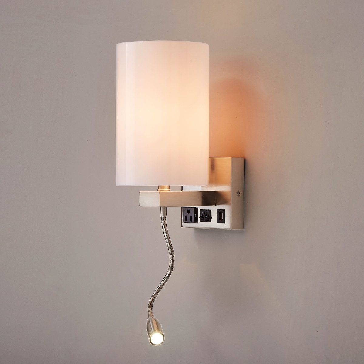 1 - Light, Acrylic Shade Indoor Wall Sconce Light with 1 Switch, 1usb & 1outlet, Brushed Nickel Finish, Bedside Wall Lights w/ 1W LED Reading Lamp, for Bedroom Living Room Hotels - LEDMyPlace