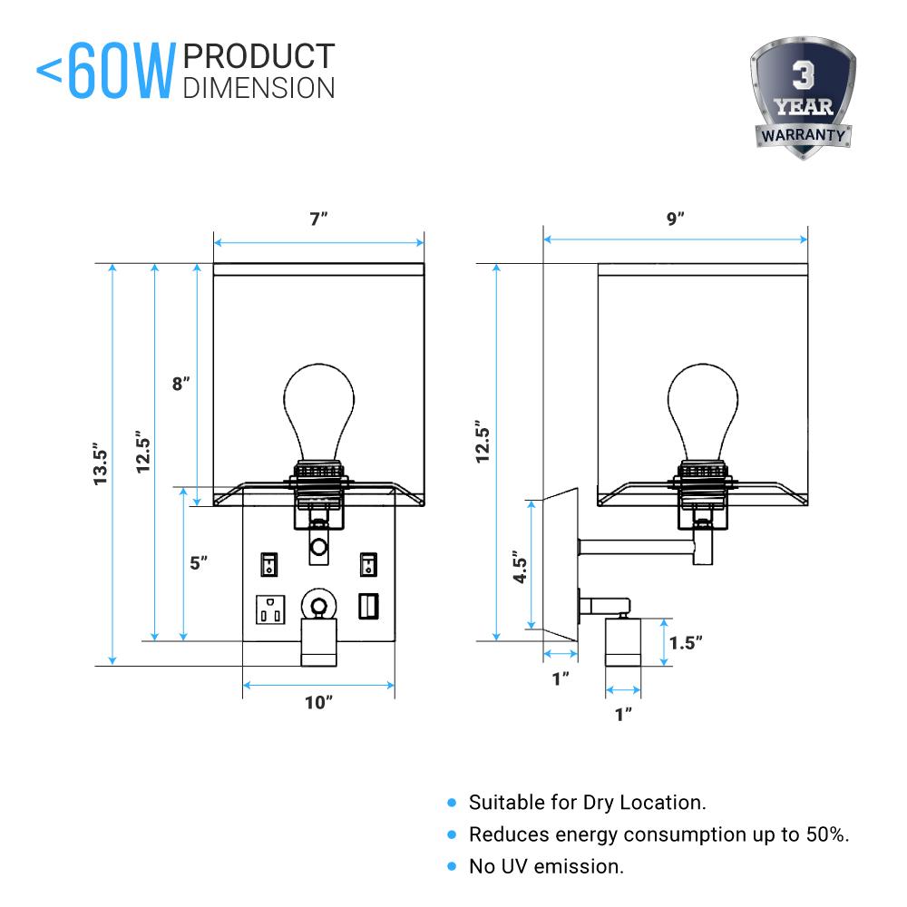 1 - Light Bedside Wall Sconce Lighting with Adjustable LED Reading Light, Black Metal Finish w/ White Fabric Shade, W/ LED 1W 1USB, 2 Switchs &1 Outlet, for Bedroom Living Room Hotels - LEDMyPlace