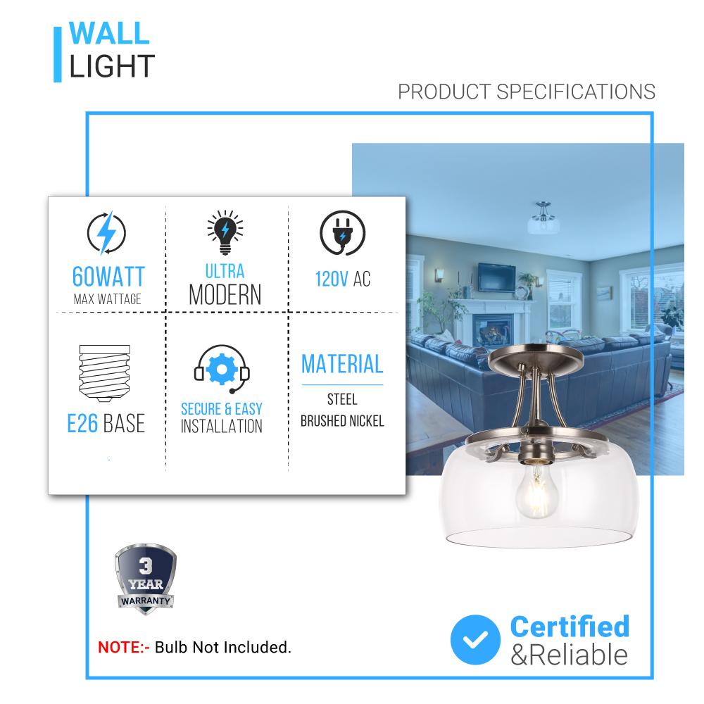 1 - Light Clear Glass Semi Flush Mount Light, Brushed Nickel Ceiling Light, E26 Base, UL Listed for Damp Location, 3 Years Warranty - LEDMyPlace