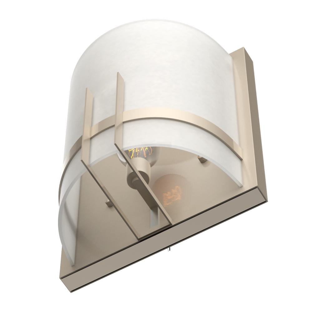 1 - Light, Decorative ARC Wall Sconce Fixture, Brushed Nickel Finish with White glass shade, Dim: 9" W x 12"H x 5"E, Hallway Light Fixtures - LEDMyPlace