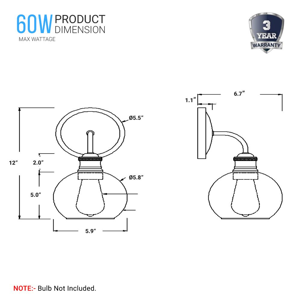 1 - Light Dome Shape Wall Sconce Light with Clear Glass, Brushed Nickel Finish, E26 Base, UL Listed for Damp Location, 3 Years Warranty - LEDMyPlace