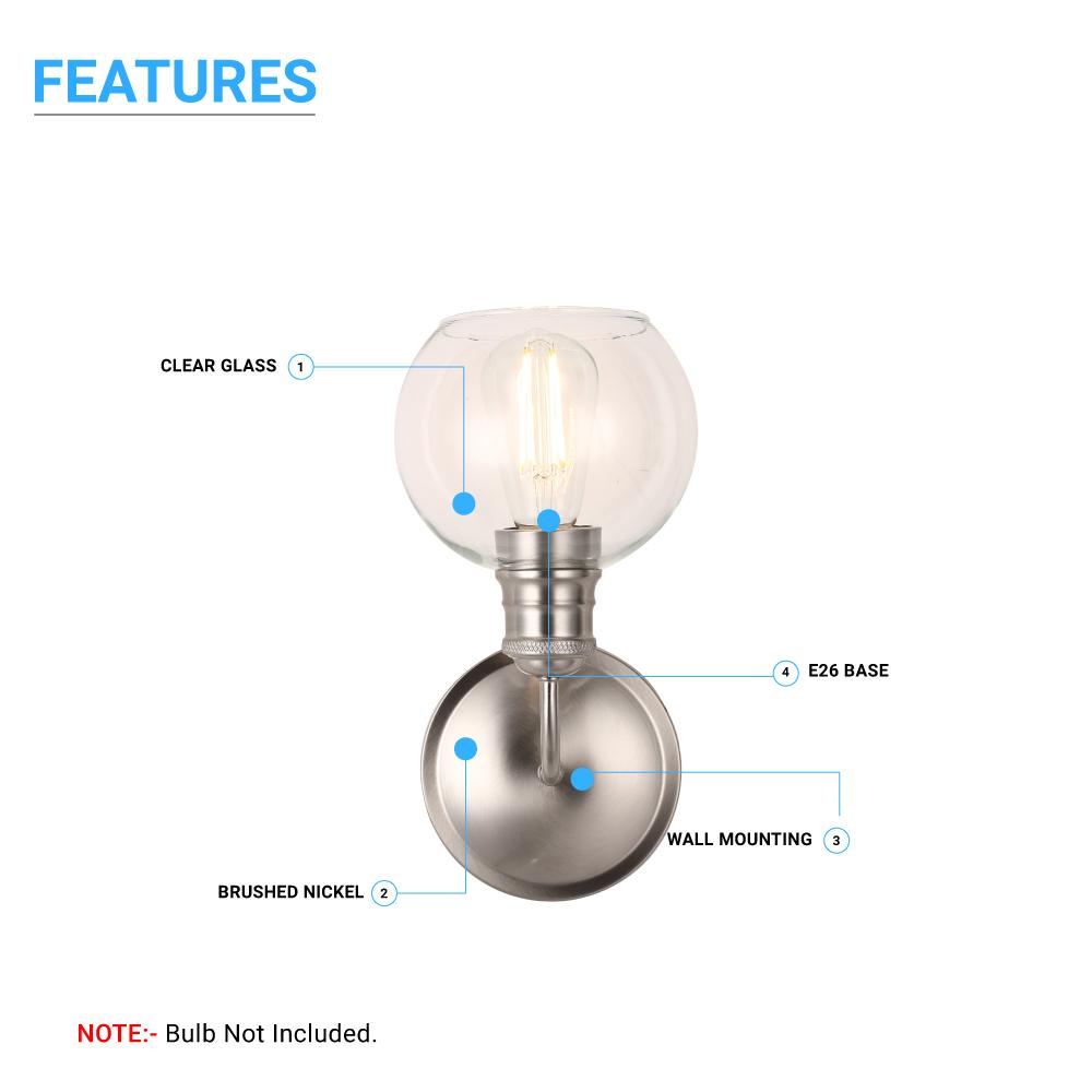 1 - Light Dome Shape Wall Sconce Light with Clear Glass, Brushed Nickel Finish, E26 Base, UL Listed for Damp Location, 3 Years Warranty - LEDMyPlace