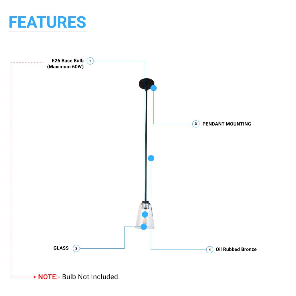 1 - Light Flared Shape Pendant Lighting Fixture with Clear Glass Shade, E26 Base, UL Listed for Damp Location - LEDMyPlace