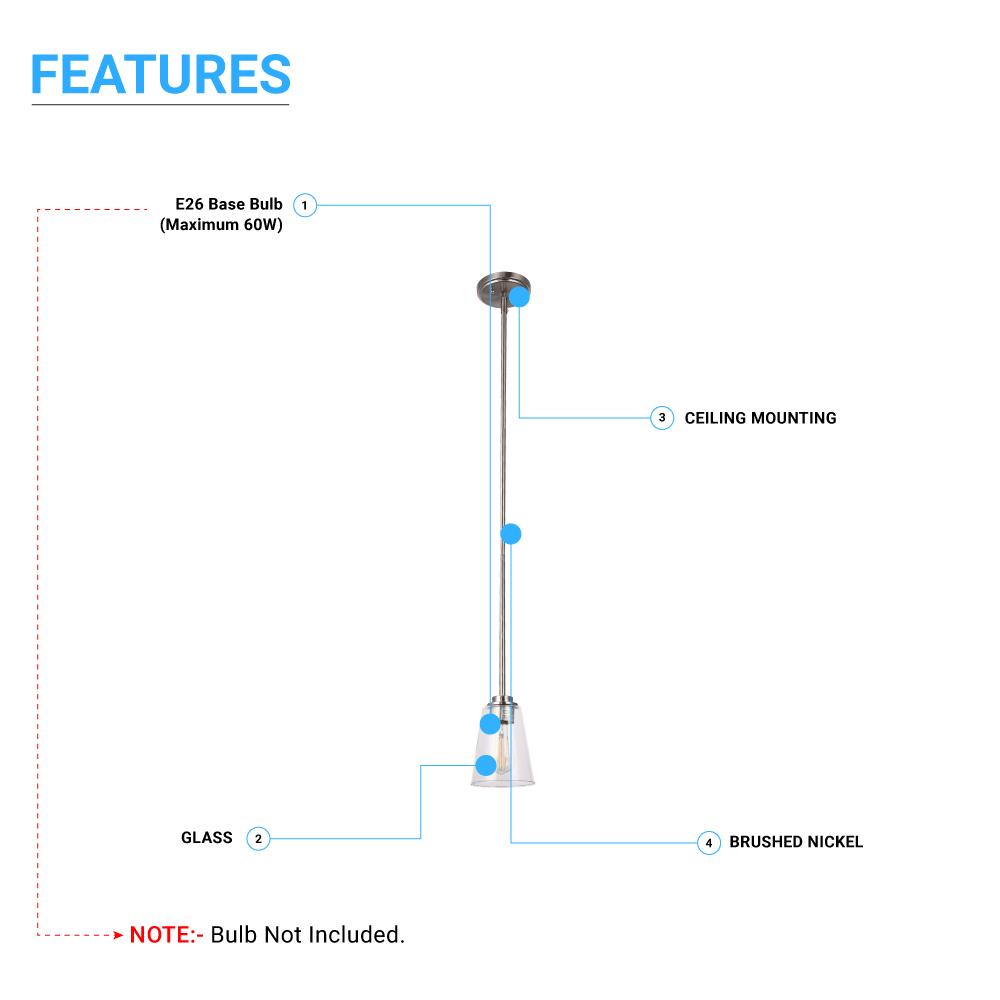 1 - Light Flared Shape Pendant Lighting Fixture with Clear Glass Shade, E26 Base, UL Listed for Damp Location - LEDMyPlace