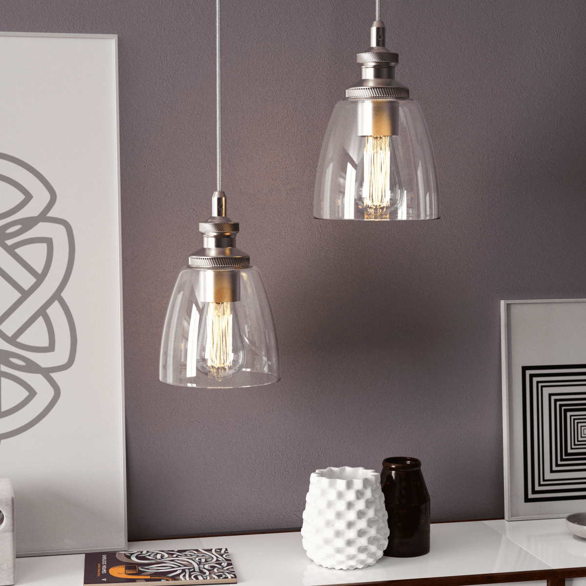 1 - Light Island Pendant Light, Brushed Nickel Finish with Clear Glass Shade – E26 Base, UL Listed - LEDMyPlace