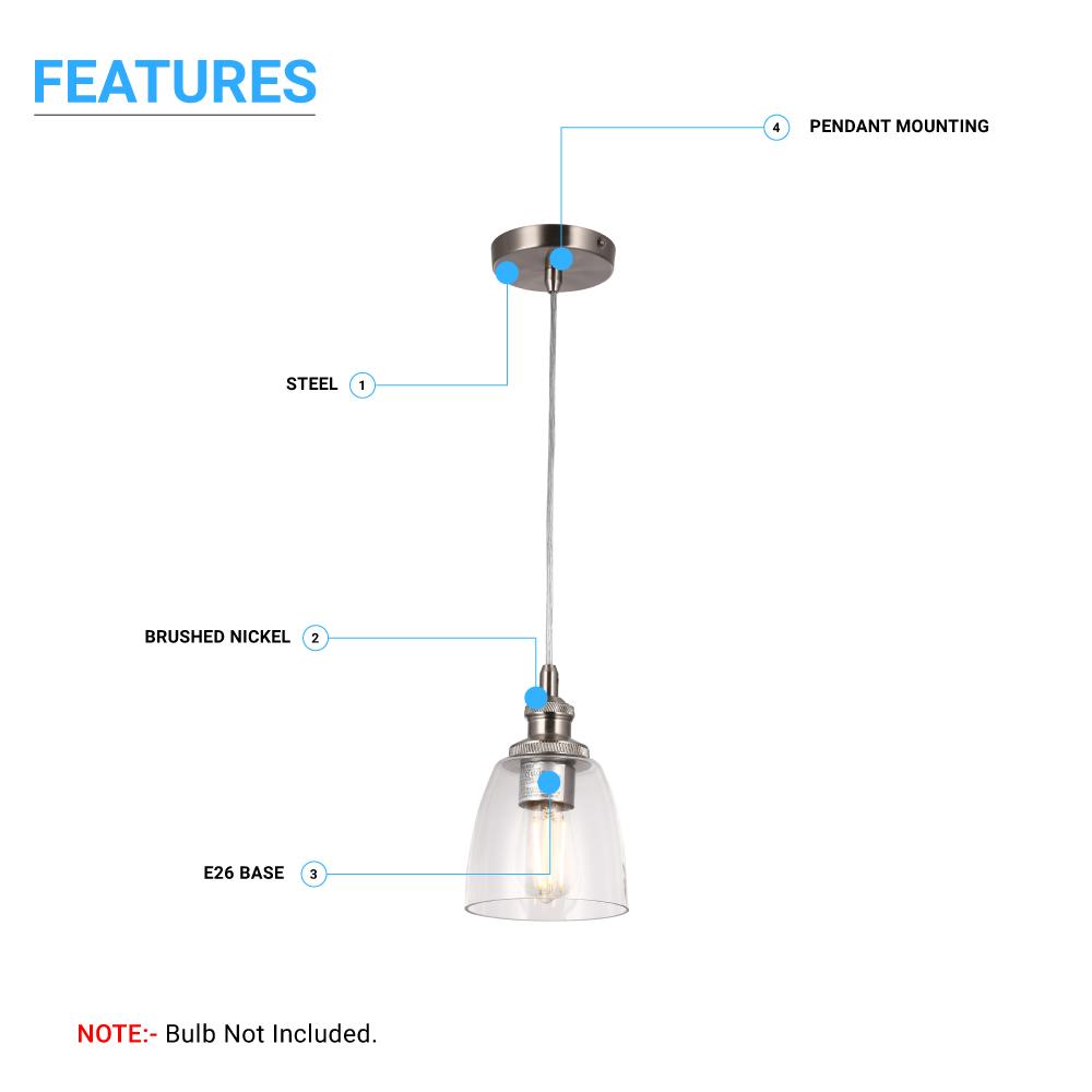 1 - Light Island Pendant Light, Brushed Nickel Finish with Clear Glass Shade – E26 Base, UL Listed - LEDMyPlace