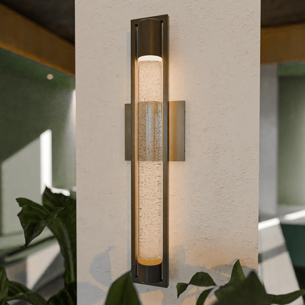 1 - Light, Outdoor Wall Sconce Light, Wall Mount Lantern, 1X60W, GU10 Base, Clear Seedy Glass, a Protective Clear Acrylic Cylinder, Bronze 28 1/2" H x 4" W, Extends 4" from the wall - LEDMyPlace