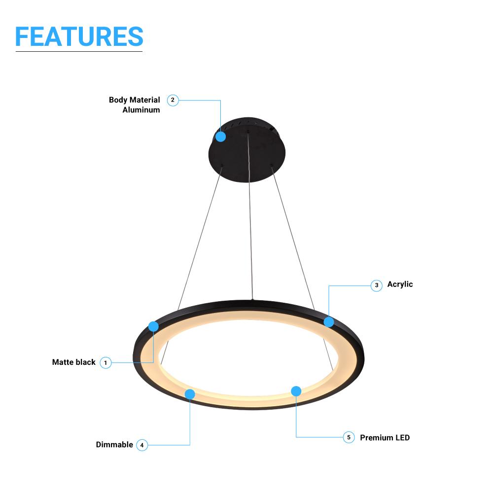 1 - Ring LED Pendant Light, 35W, 3000K - 6500K, 966LM, Dimmable, Matte Black Body Finish, Diameter 23.6''×71'' - LEDMyPlace