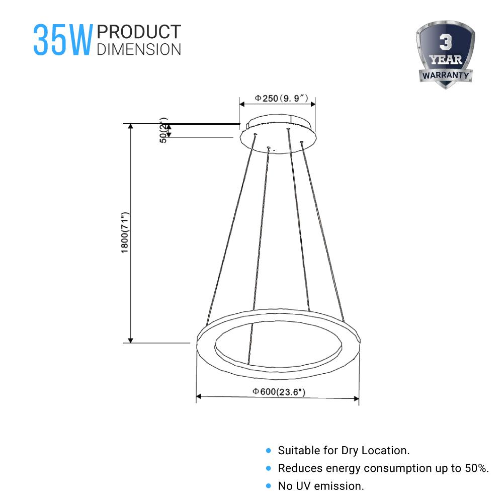 1 - Ring LED Pendant Light, 35W, 3000K - 6500K, 966LM, Dimmable, Matte Black Body Finish, Diameter 23.6''×71'' - LEDMyPlace