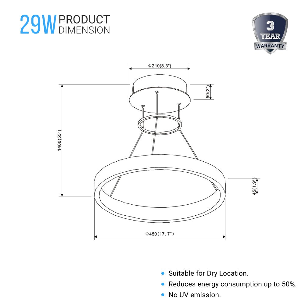 1 - Ring, Modern Nature White LED Pendant Light, 29W, 3000K, 1532LM, Dimmable, Diameter 17.7''×55'' - LEDMyPlace