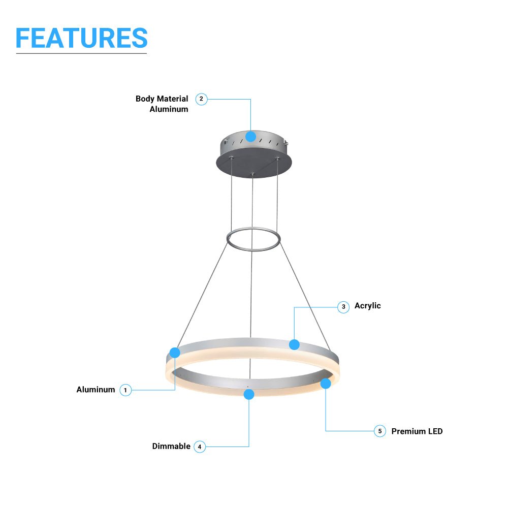 1 - Ring, Modern Nature White LED Pendant Light, 29W, 3000K, 1532LM, Dimmable, Diameter 17.7''×55'' - LEDMyPlace