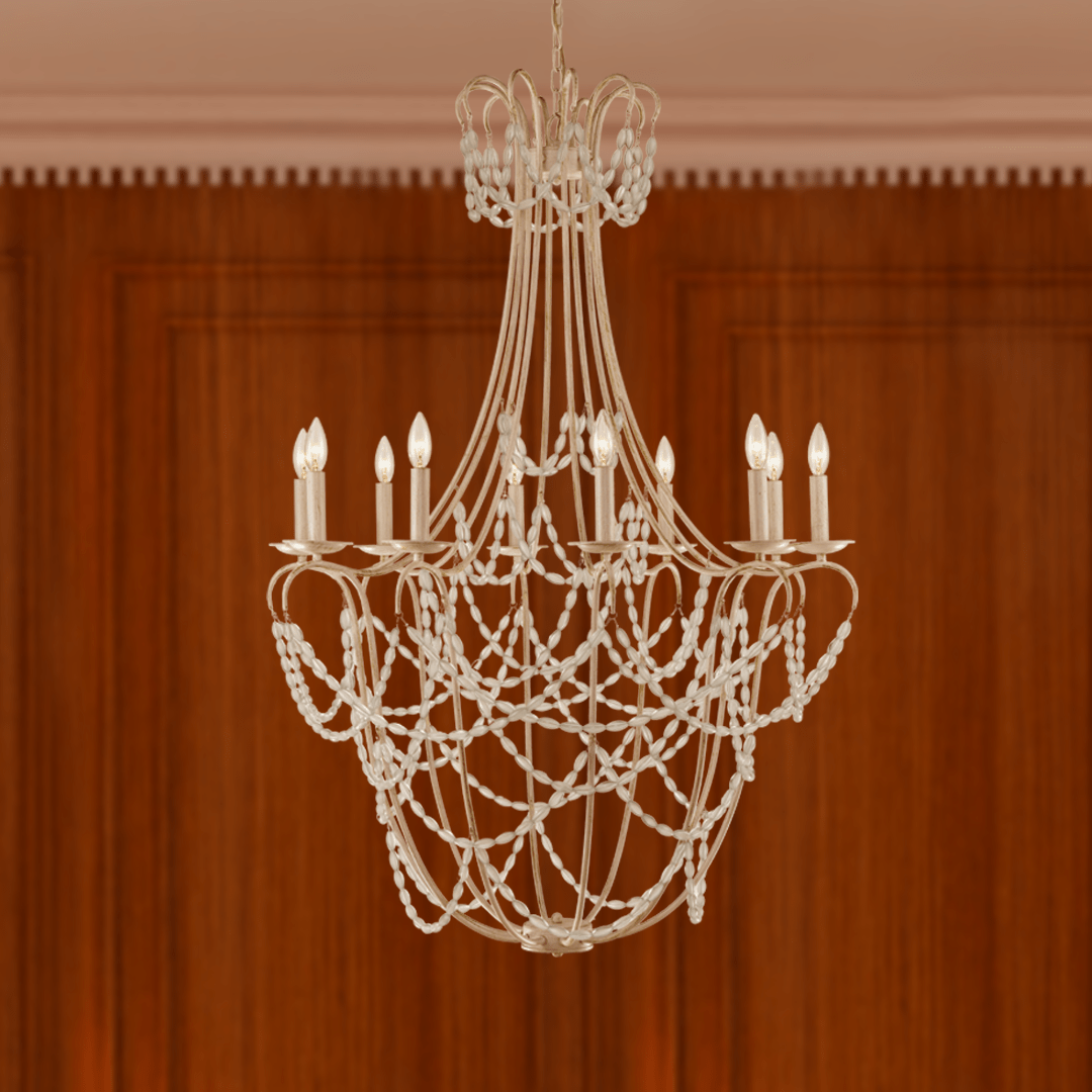 10 - Light Traditional Beaded Candle Chandelier Wash Wood Finish with Blue Crystal ,E12 Base - LEDMyPlace