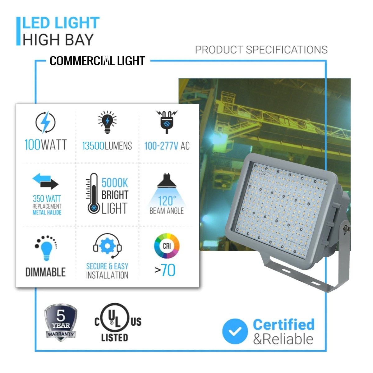 100 Watt LED Explosion Proof Flood Light, A Series, Dimmable, 5000K, 13500LM, AC100 - 277V, IP66, Hazardous Location Lighting Fixtures - LEDMyPlace