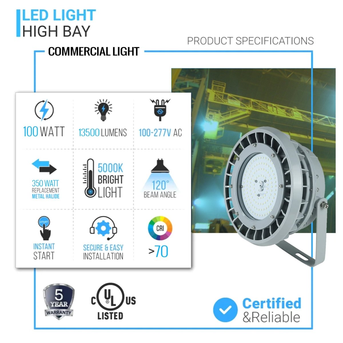 100 Watt LED Explosion Proof Round High Bay Light, B Series, Non Dimmable, 5000K, 13500LM, AC100 - 277V, IP66, Hazardous Location Lighting Fixtures - LEDMyPlace