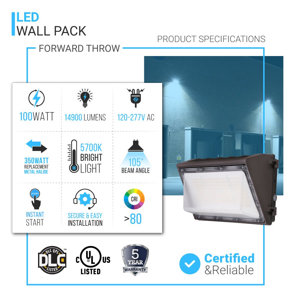 100W LED Wall Pack with Dusk to Dawn Photocell, 5700K, 14900LM, AC120 - 277V, Waterproof, UL & DLC Listed - LEDMyPlace