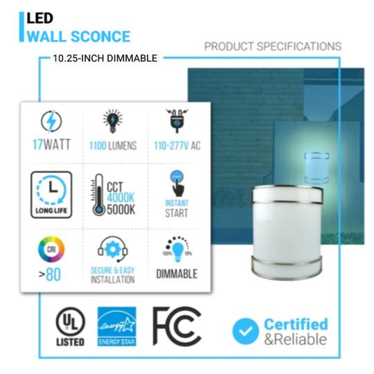 10.25" Dimmable Half Cylinder LED Wall Sconce BN Color, 17W, 1100 Lumens, AC120V, For Living Room, Bedroom, Hallway, Kitchen - LEDMyPlace