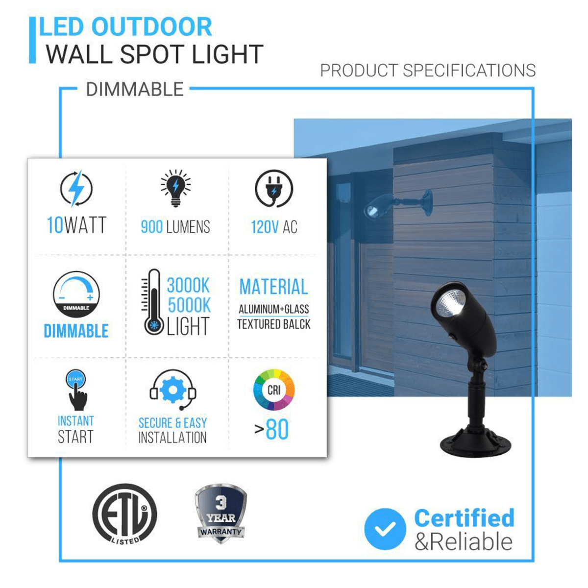 10W LED Spotlight, Dimmable, 900 Lumens, Textured Black Finish, ETL Listed - LEDMyPlace