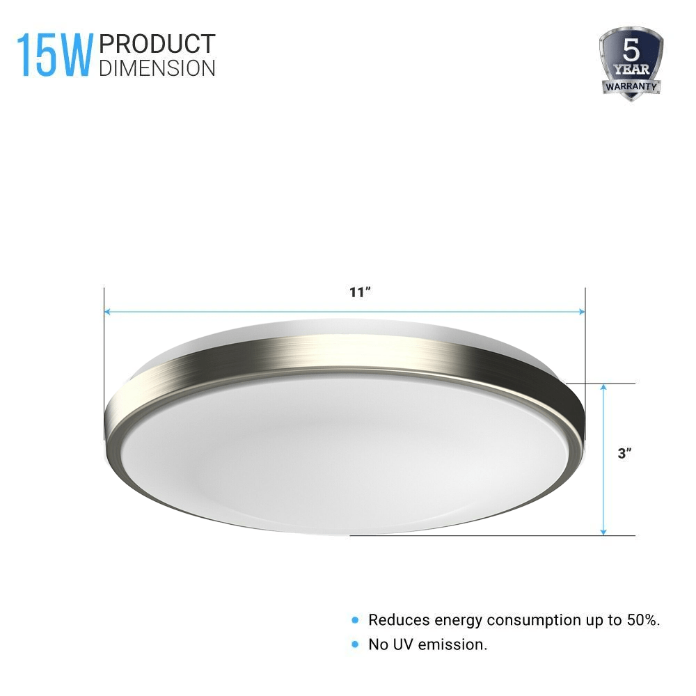 11 in. Round Brushed Nickel Dimmable Flush Mount Ceiling Light, Single Ring, 1050 Lumens, Power 15W, 3 Color Switchable (3000K/4000K/5000K) - LEDMyPlace