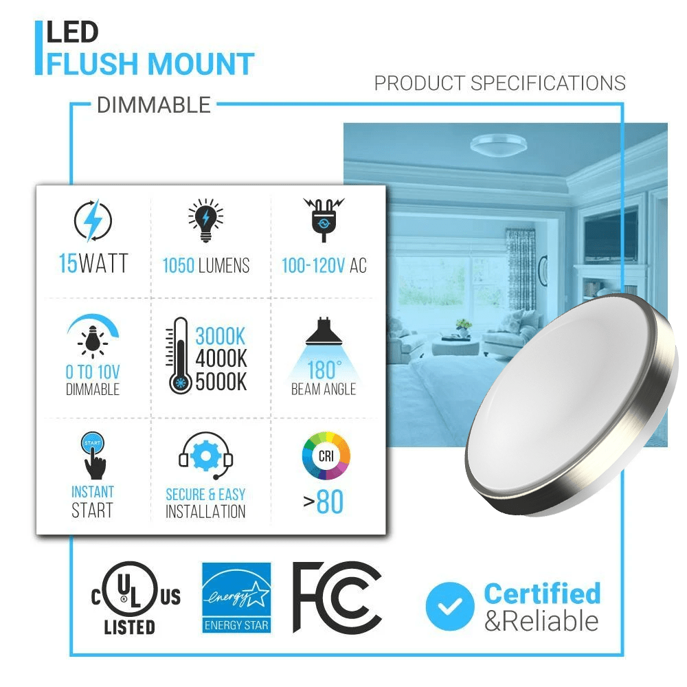 11 in. Round Brushed Nickel Dimmable Flush Mount Ceiling Light, Single Ring, 1050 Lumens, Power 15W, 3 Color Switchable (3000K/4000K/5000K) - LEDMyPlace