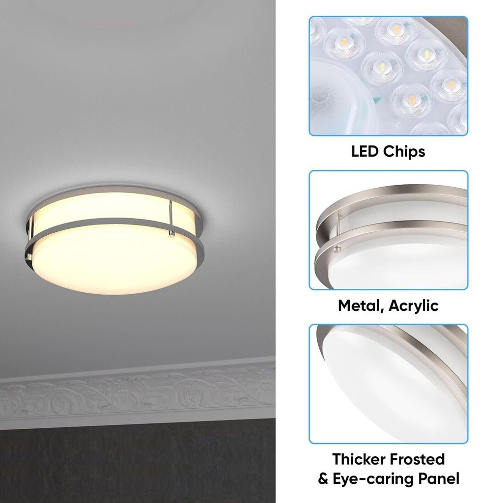 12 in. Dimmable LED Flush Mount Ceiling Lights, Double Ring, 14W, 1100LM, 3000K Warm White, Brushed Nickel Finish Steel, ETL Listed, For Hallway Kitchen Stairwell - LEDMyPlace