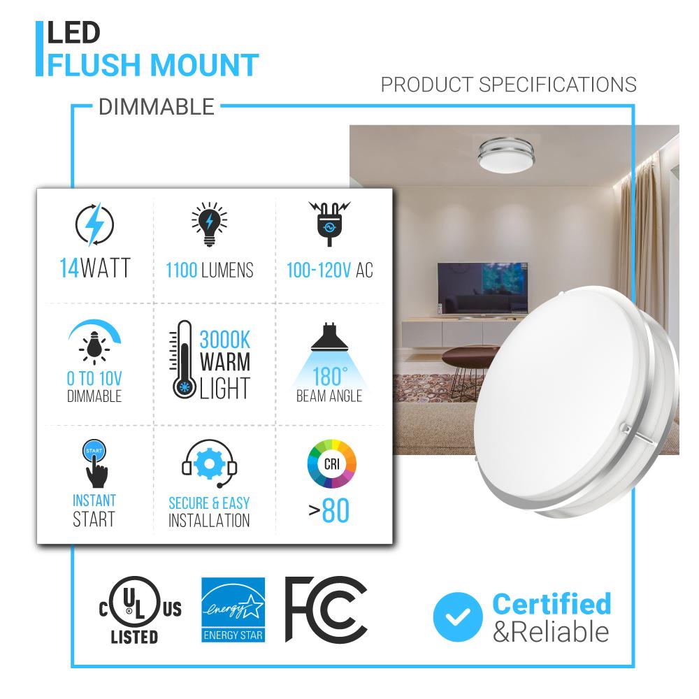 12 in. Dimmable LED Flush Mount Ceiling Lights, Double Ring, 14W, 1100LM, 3000K Warm White, Brushed Nickel Finish Steel, ETL Listed, For Hallway Kitchen Stairwell - LEDMyPlace