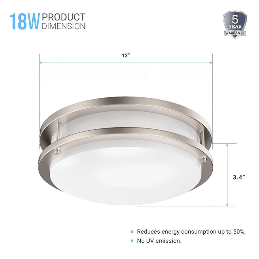 12 Inch Dimmable LED Flush Mount Ceiling Lights, Double Ring, 18W 1050LM, 3000K/4000K /5000K Changeable Ceiling Lights, Brushed Nickel Finish Ceiling Lamp For Kitchen Hallway Bedroom Laundry - LEDMyPlace