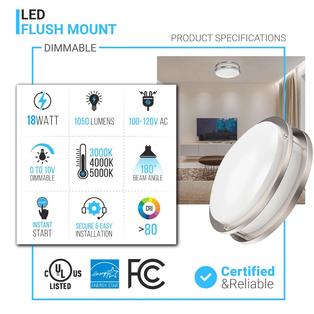 12 Inch Dimmable LED Flush Mount Ceiling Lights, Double Ring, 18W 1050LM, 3000K/4000K /5000K Changeable Ceiling Lights, Brushed Nickel Finish Ceiling Lamp For Kitchen Hallway Bedroom Laundry - LEDMyPlace