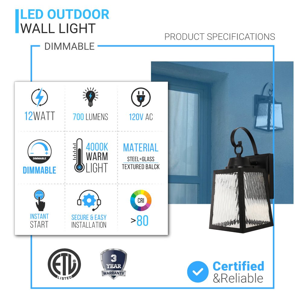 12W LED Outdoor Wall Lantern Fixture with Water Glass Shade, 4000K (Cool White), Dimmable, ETL Listed - LEDMyPlace