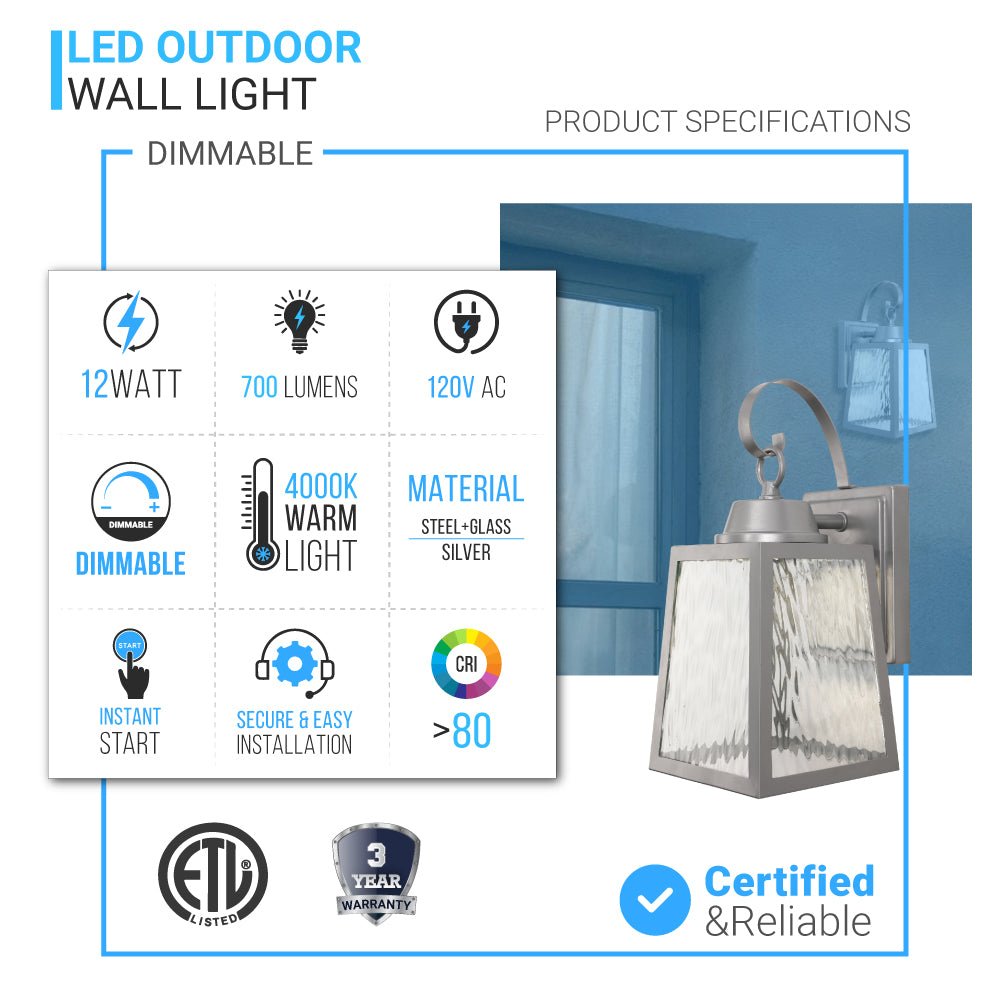 12W LED Outdoor Wall Lantern Fixture with Water Glass Shade, 4000K (Cool White), Dimmable, ETL Listed - LEDMyPlace