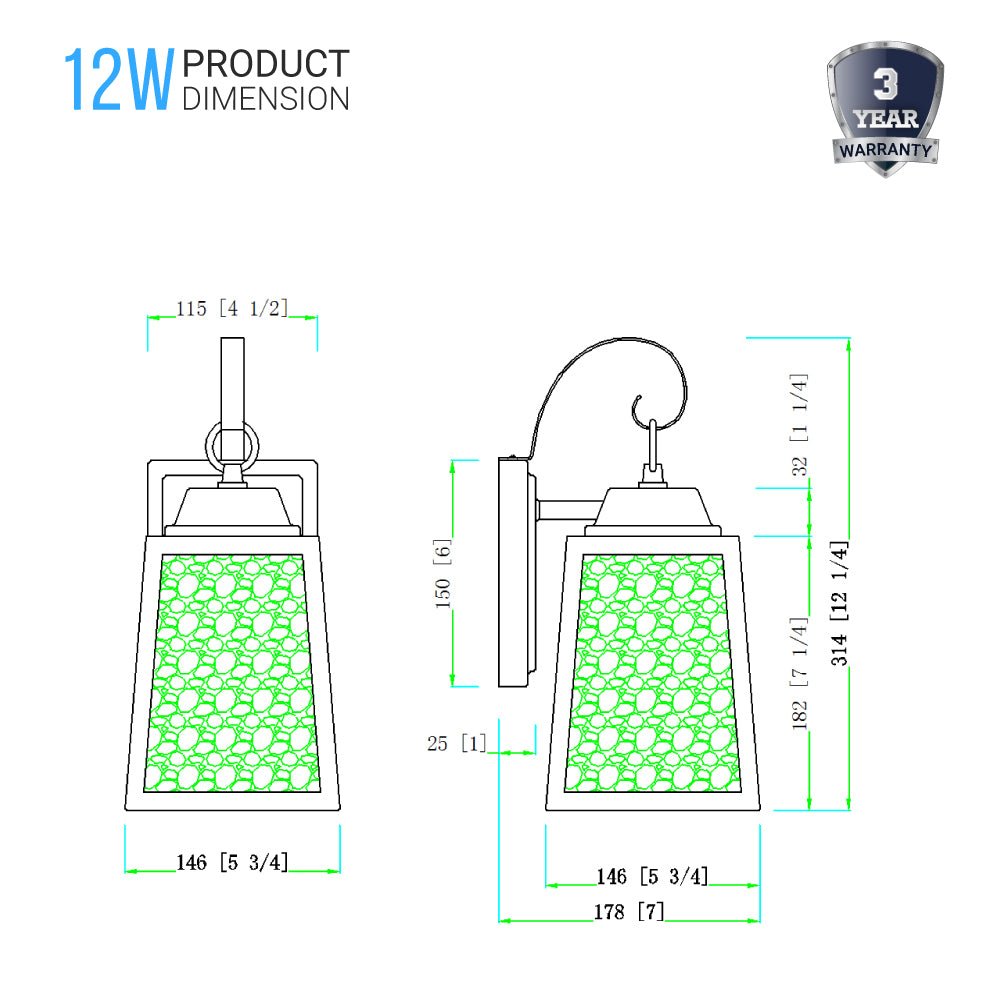 12W LED Outdoor Wall Lantern Fixture with Water Glass Shade, 4000K (Cool White), Dimmable, ETL Listed - LEDMyPlace