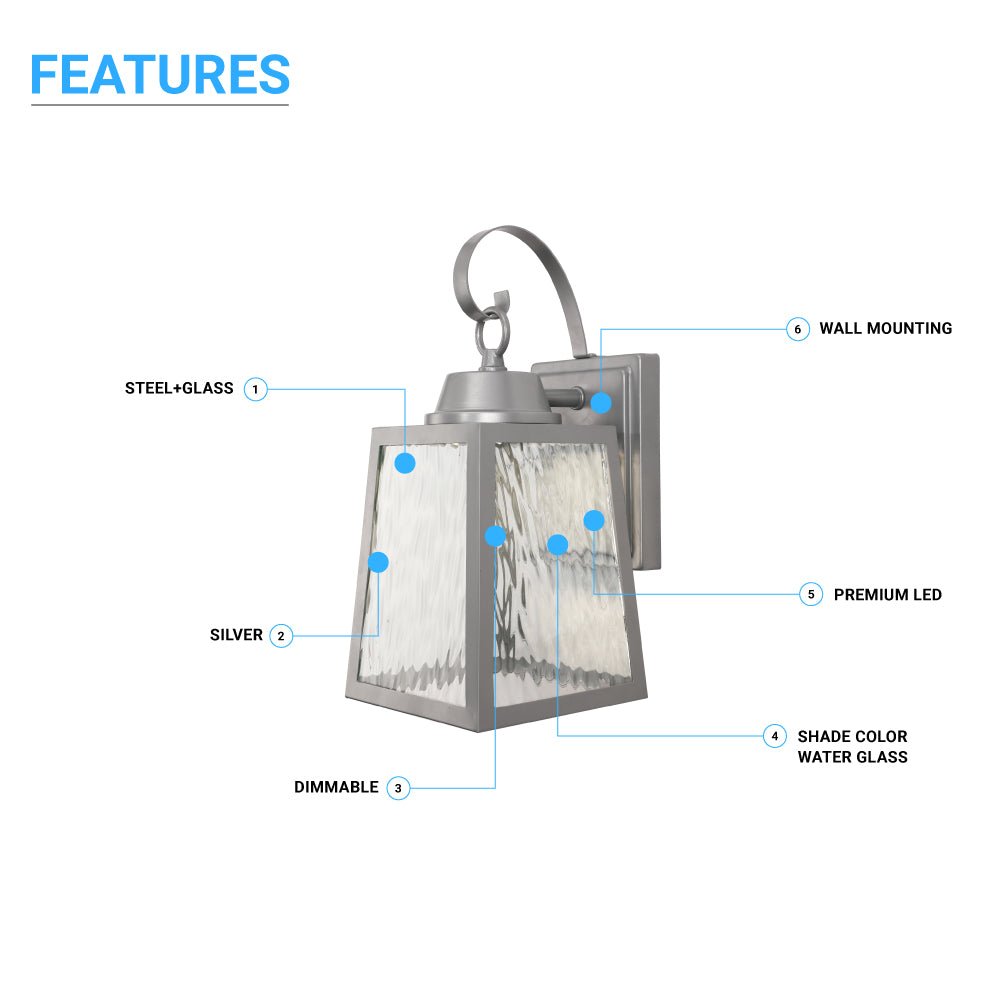 12W LED Outdoor Wall Lantern Fixture with Water Glass Shade, 4000K (Cool White), Dimmable, ETL Listed - LEDMyPlace