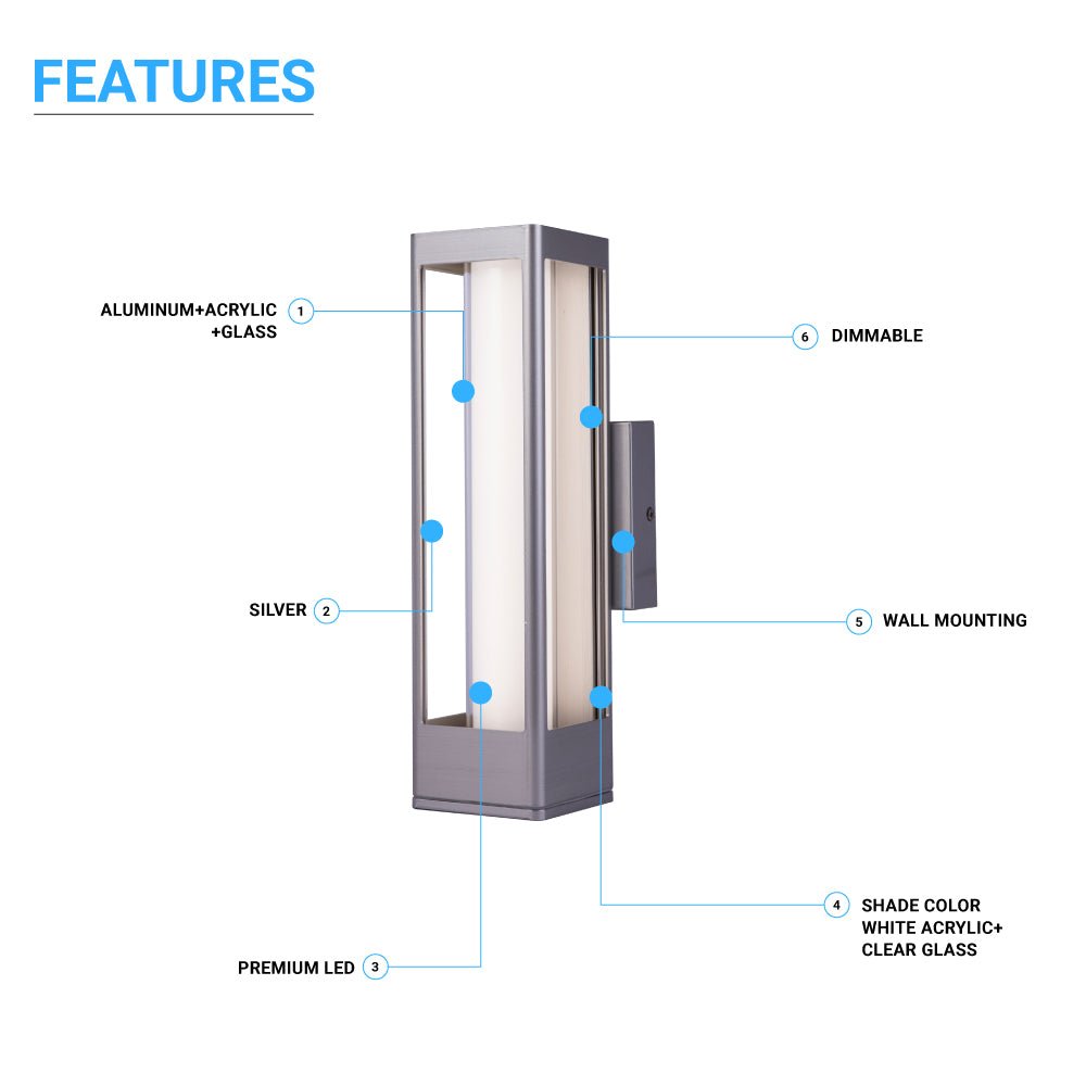 12W Modern LED Outdoor Wall Sconce Light, Silver Finish, Dimmable, ETL Listed - Wet Location - LEDMyPlace