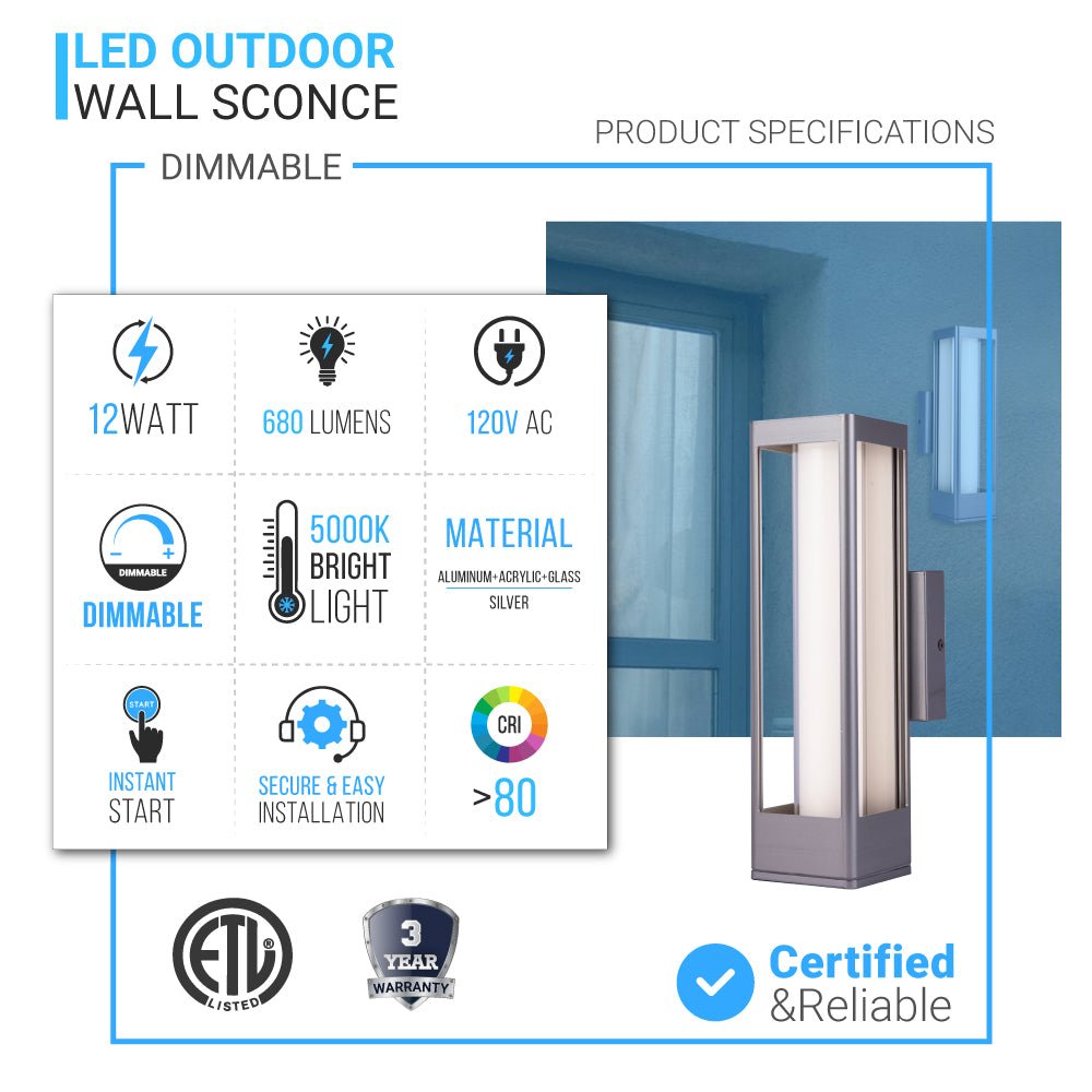 12W Modern LED Outdoor Wall Sconce Light, Silver Finish, Dimmable, ETL Listed - Wet Location - LEDMyPlace