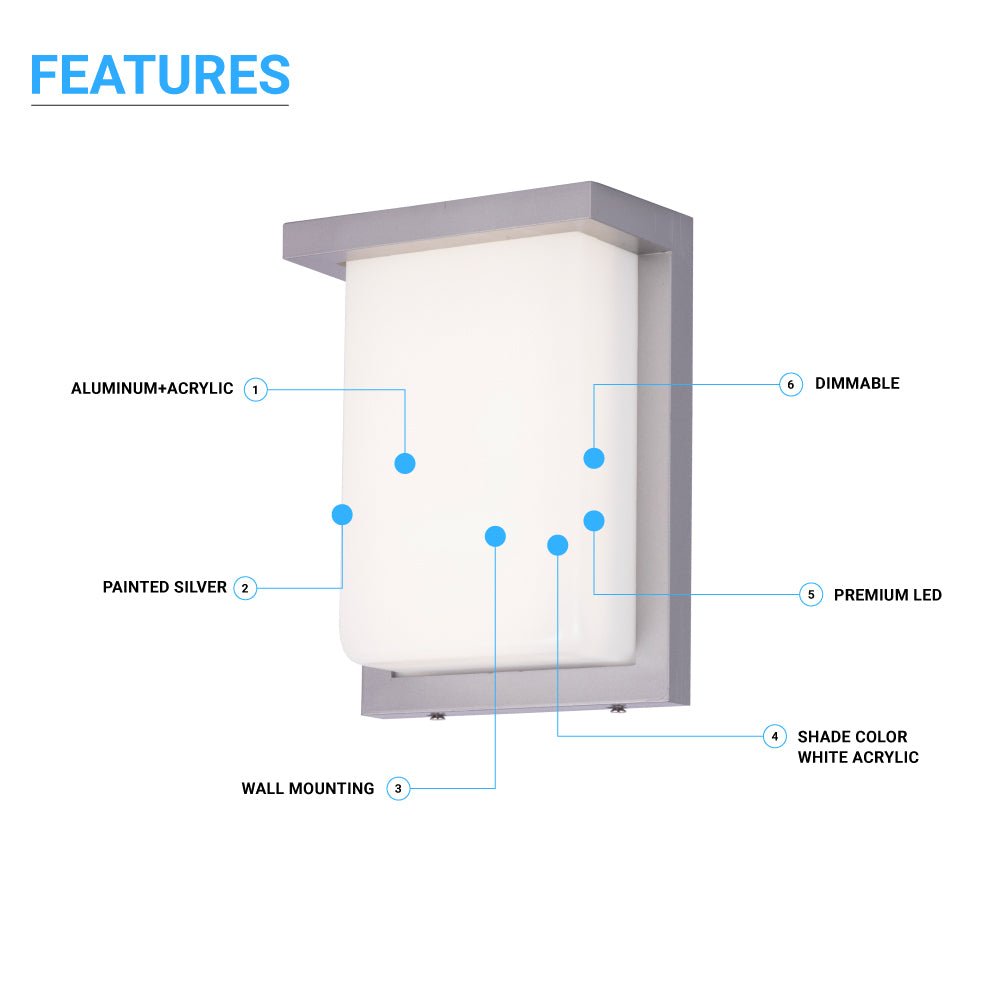 12W Rectangle Shape LED Outdoor Wall Sconce, Painted Silver Finish, White Acrylic Shade, ETL Listed - LEDMyPlace