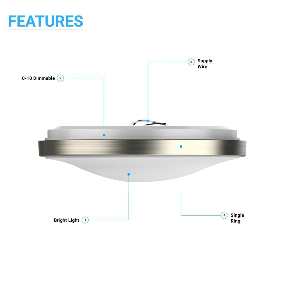 14 in. Round Brushed Nickel Dimmable Flush Mount Ceiling Light, Single Ring - 1750 Lumens - Power - 25W - 3 Color Switchable (3000K/4000K/5000K) - LEDMyPlace