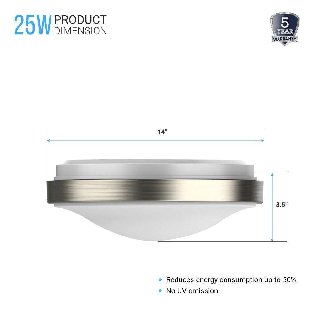 14 in. Round Brushed Nickel Dimmable Flush Mount Ceiling Light, Single Ring - 1750 Lumens - Power - 25W - 3 Color Switchable (3000K/4000K/5000K) - LEDMyPlace