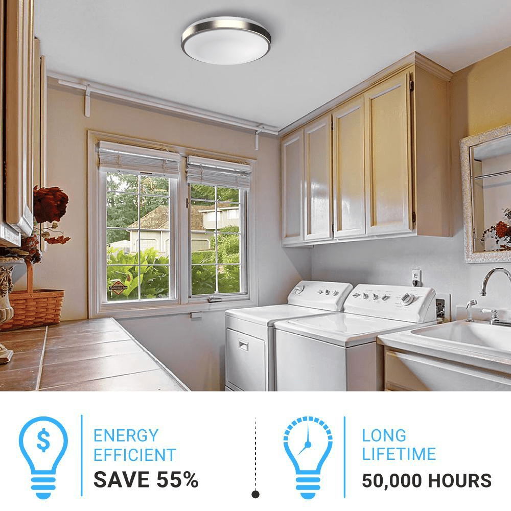 14 in. Round Brushed Nickel Dimmable Flush Mount Ceiling Light, Single Ring - 1750 Lumens - Power - 25W - 3 Color Switchable (3000K/4000K/5000K) - LEDMyPlace