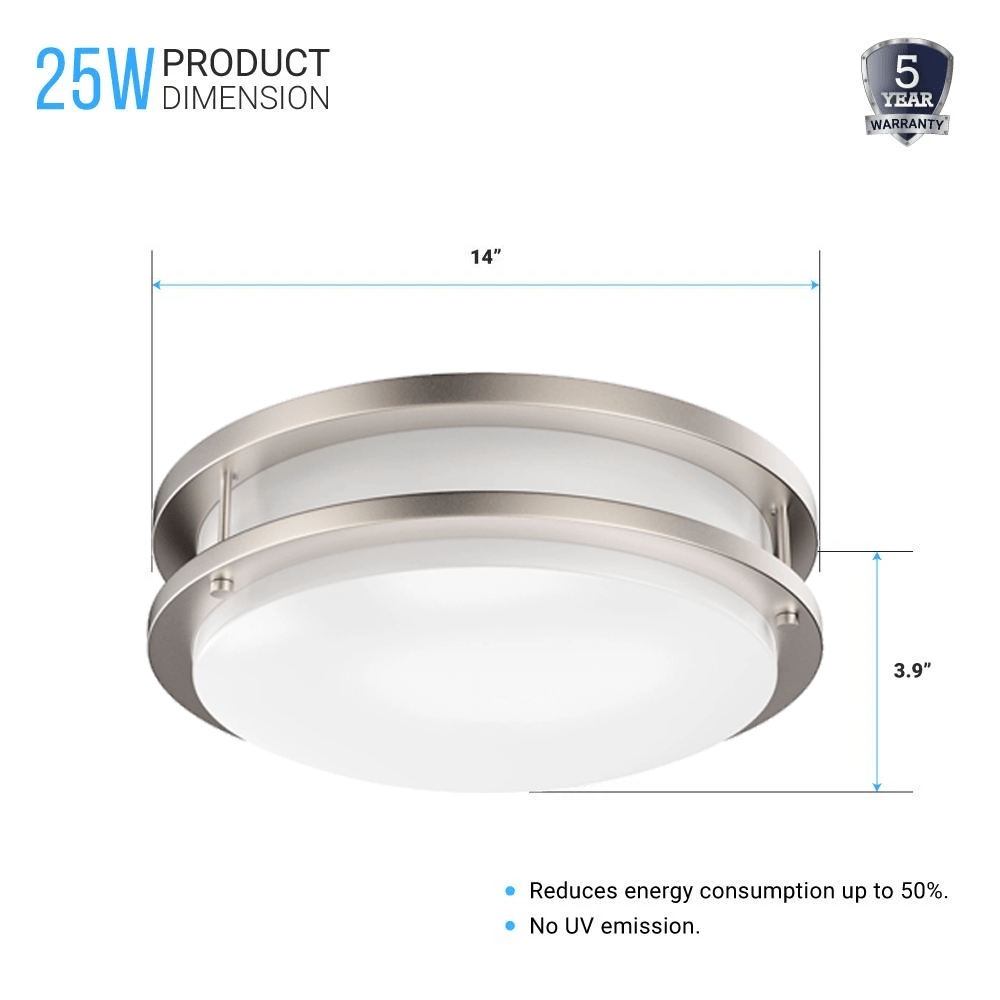 14 inch Dimmable LED Flush Mount Ceiling Lights, Double Ring, 25W,1750 Lumens, 3000K/4000K/5000K Switchable Ceiling Lights, Brushed Nickel Finish Steel, For Hallway Kitchen Stairwell, ETL Listed - LEDMyPlace