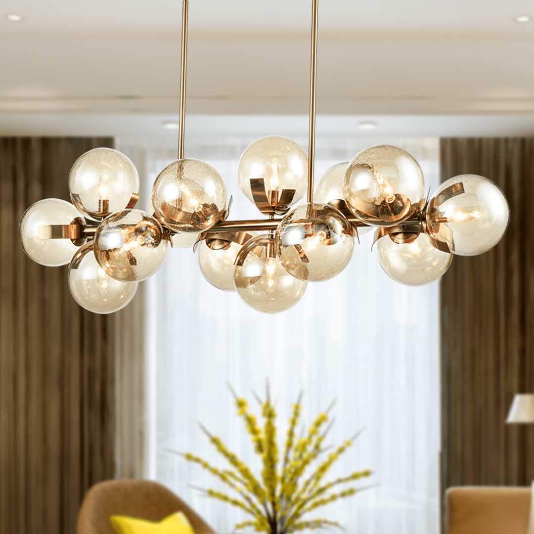 14 - Light Linear Chandeliers for Dining Room Glass Globe New Brass Finish Hardware Finish with Mercury Glass, Pendant Lighting, E12 Base - LEDMyPlace