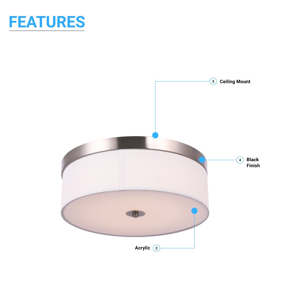 15 in. Drum Shape LED Flush Ceiling Mount Light, 20W, 4000K (Cool White), 2800LM Brushed Nickel Finish & Milky White Acrylic Shade, Hallway Light Fixtures - LEDMyPlace