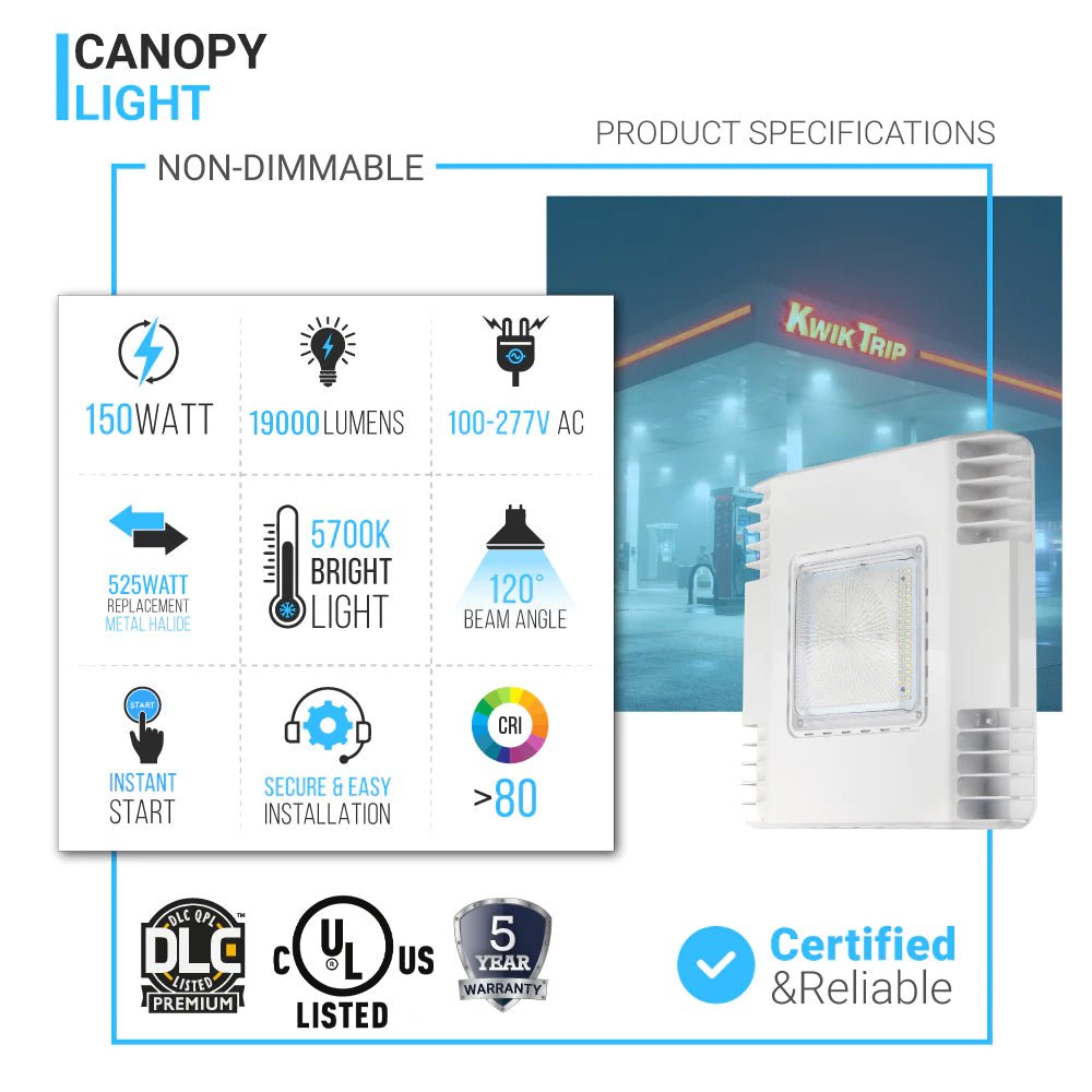 150 Watt LED Canopy Light, 5700K, 19000LM, AC100 - 277V, DLC Premium Recessed Surface Mount, For High Bay Carport, Gas Stations, Indoor Parking, Underpasses, Loading Docks, Outdoor Area Light - LEDMyPlace