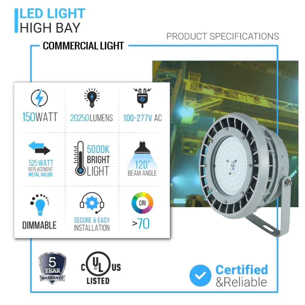 150 Watt LED Explosion Proof Round High Bay Light, B Series, Dimmable, 5000K, 20250LM, AC100 - 277V, IP66, Hazardous Location Lighting Fixtures - LEDMyPlace