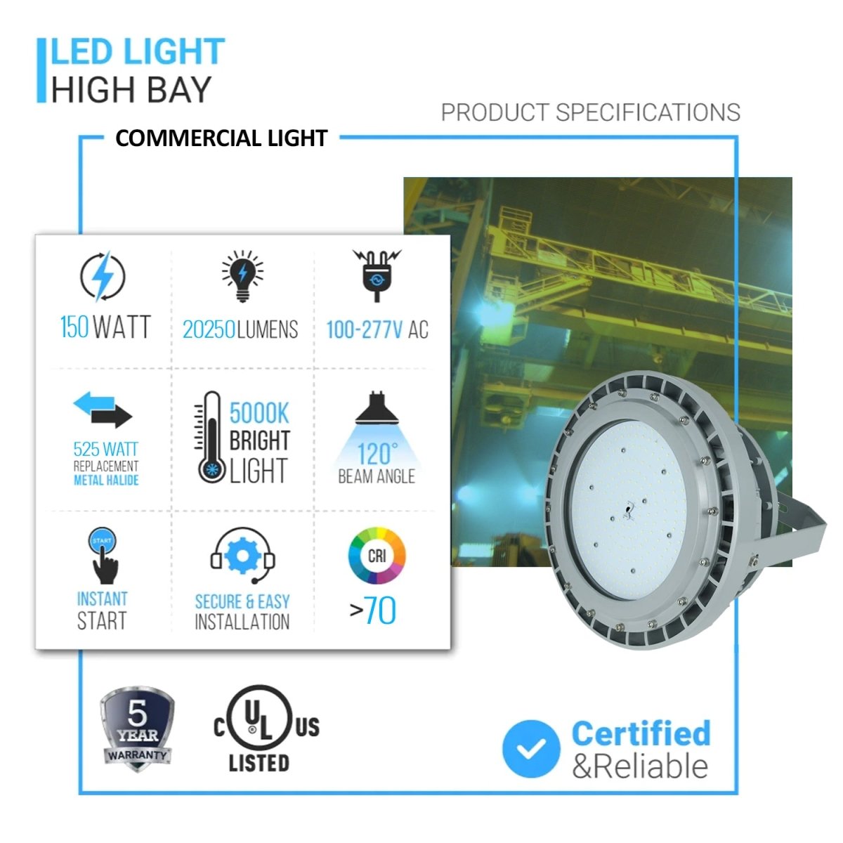 150 Watt LED Explosion Proof Round High Bay Light, C Series, Non Dimmable, 5000K, 20250LM, AC100 - 277V, IP66, Hazardous Location Lighting Fixtures - LEDMyPlace