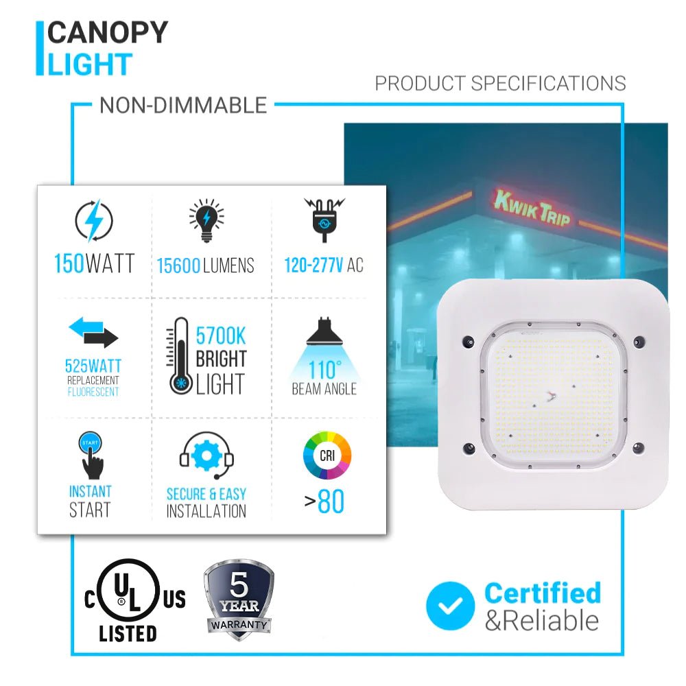 150W LED Canopy Light, 15600LM, 5700K, UL, Damp/Wet Locations, For Gas Stations, High Bay Carport, Indoor Parking, Underpasses, Loading Docks, Outdoor Area Light - LEDMyPlace