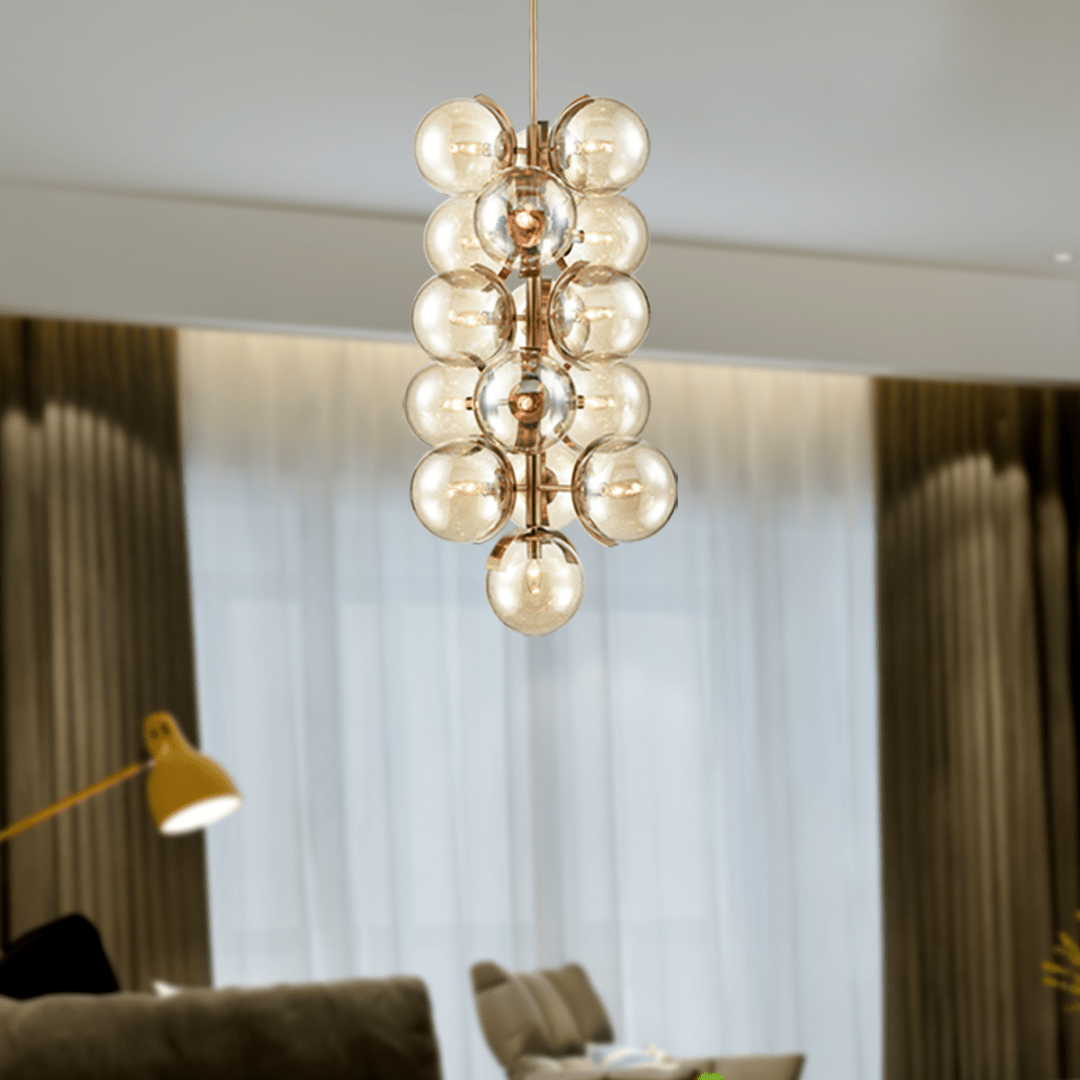 16 - Light Modern Glass Ball Bubble Chandelier New Brass Finish Hardware with Mercury Glass, E12 Base - LEDMyPlace