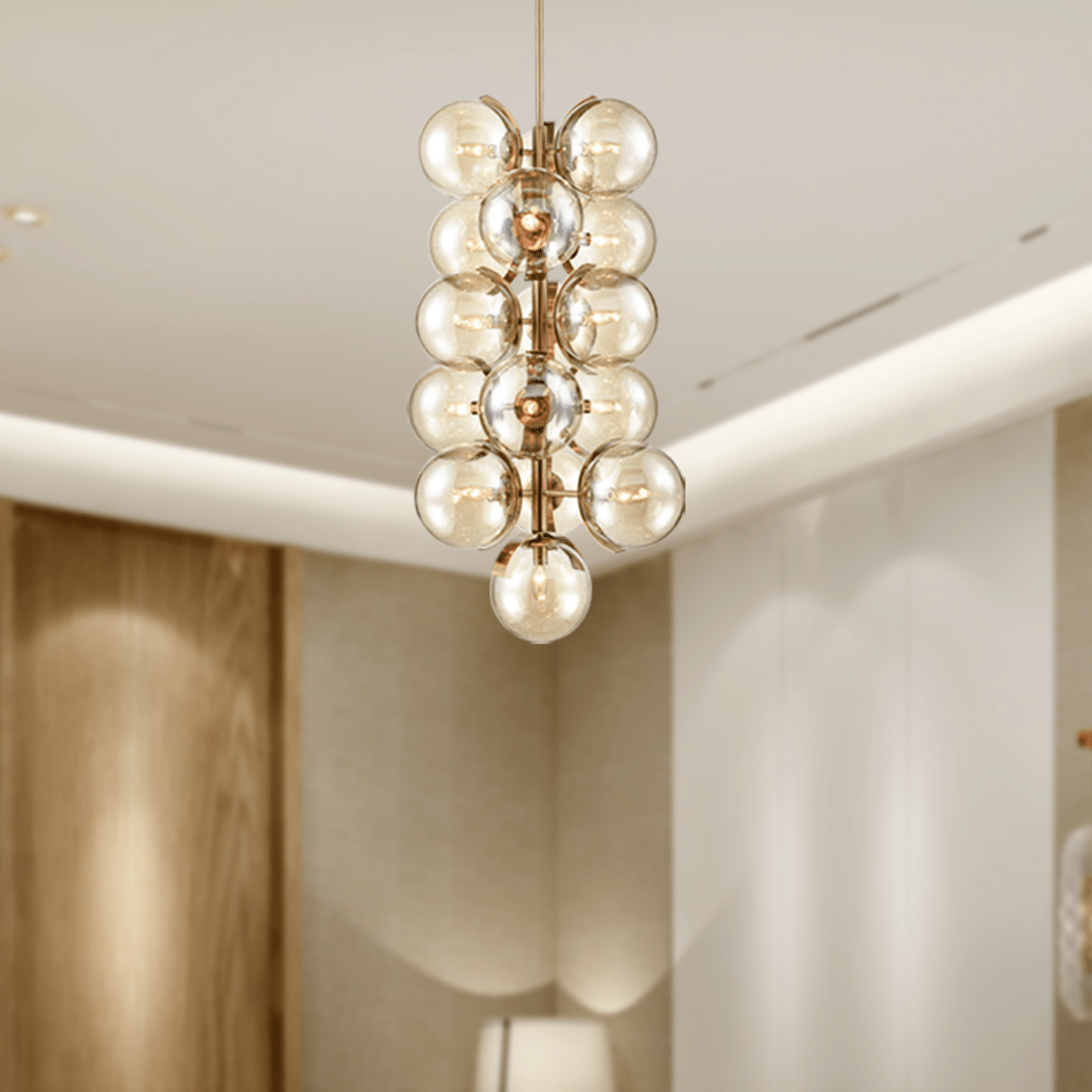 16 - Light Modern Glass Ball Bubble Chandelier New Brass Finish Hardware with Mercury Glass, E12 Base - LEDMyPlace