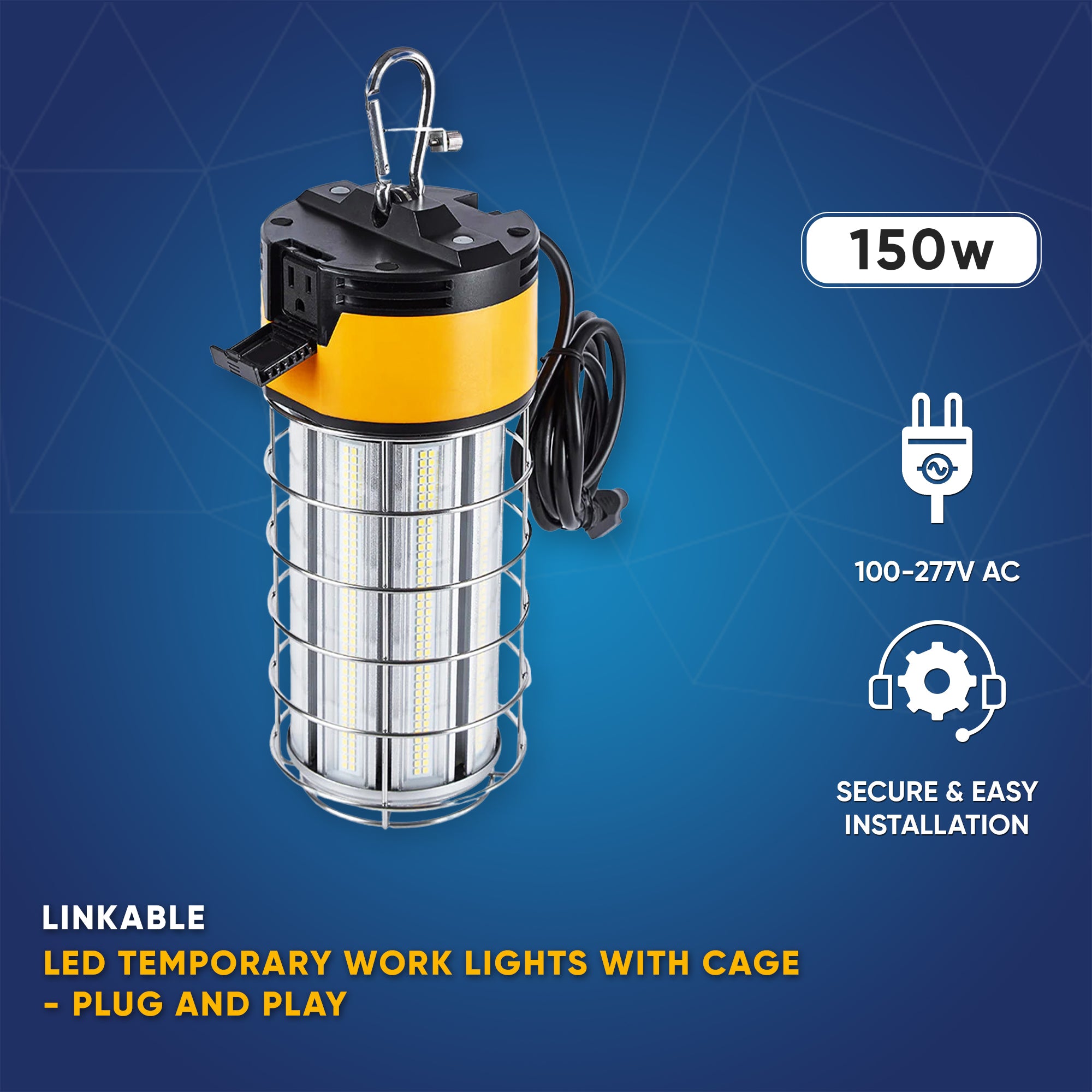 LED Temporary Work Lights with Cage, 150W 5000K 18000LM Plug and Play, Linkable, Jobsite Lighting, IP64, Portable Hanging Work Construction Light